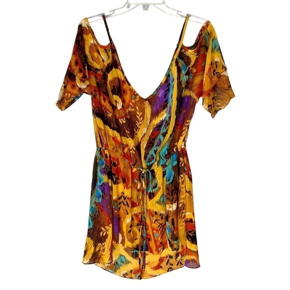 COCO BIANCO Top Cut Out Cold Shoulder Elastic Waist Golds Browns Blues Women L - Picture 1 of 7